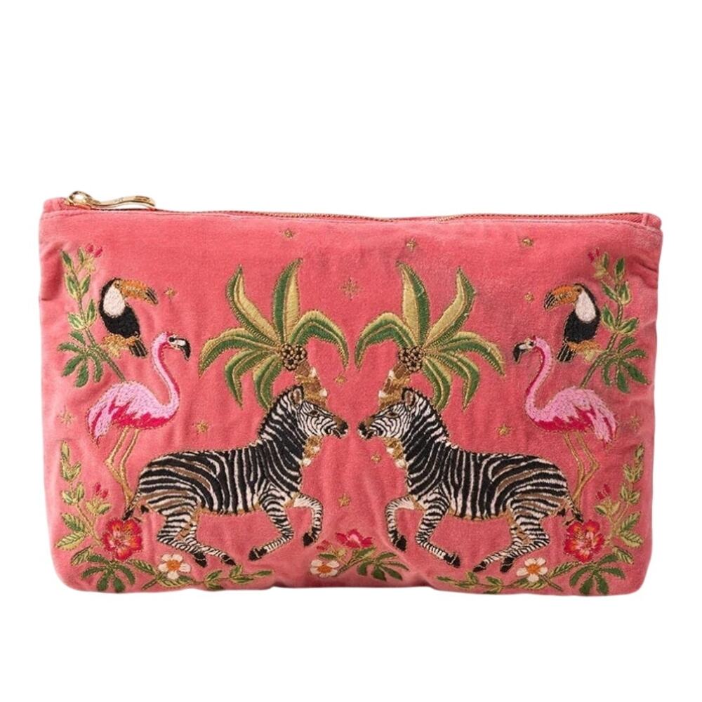 Elizabeth Scarlett NEW Blush Pink Velvet Everyday Pouch Zebra Jungle Embroidered